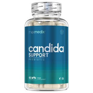 Clear plastic bottle containing 180 vegan capsules, labeled "WeightWorld Candida Support" in bold white and blue text, featuring aloe vera, caprylic acid, and probiotics.