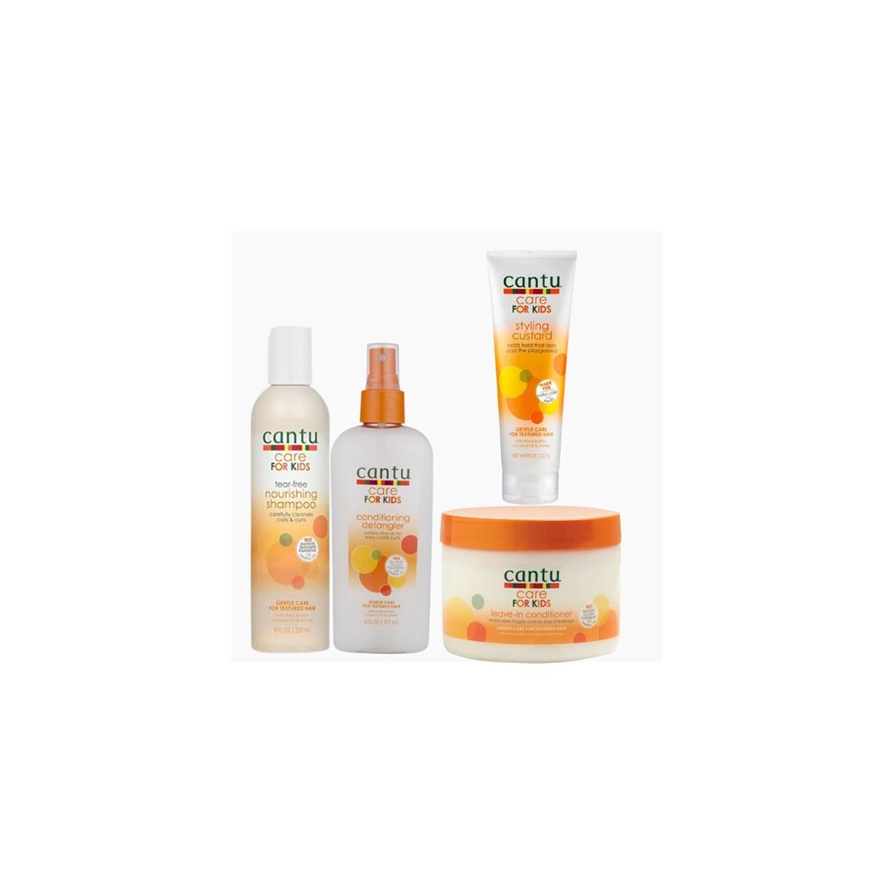 Cantu Care for Kids Curl Refresher Bundle featuring a shampoo, conditioner, and curl cream in orange and white packaging, designed for children's curly hair care.