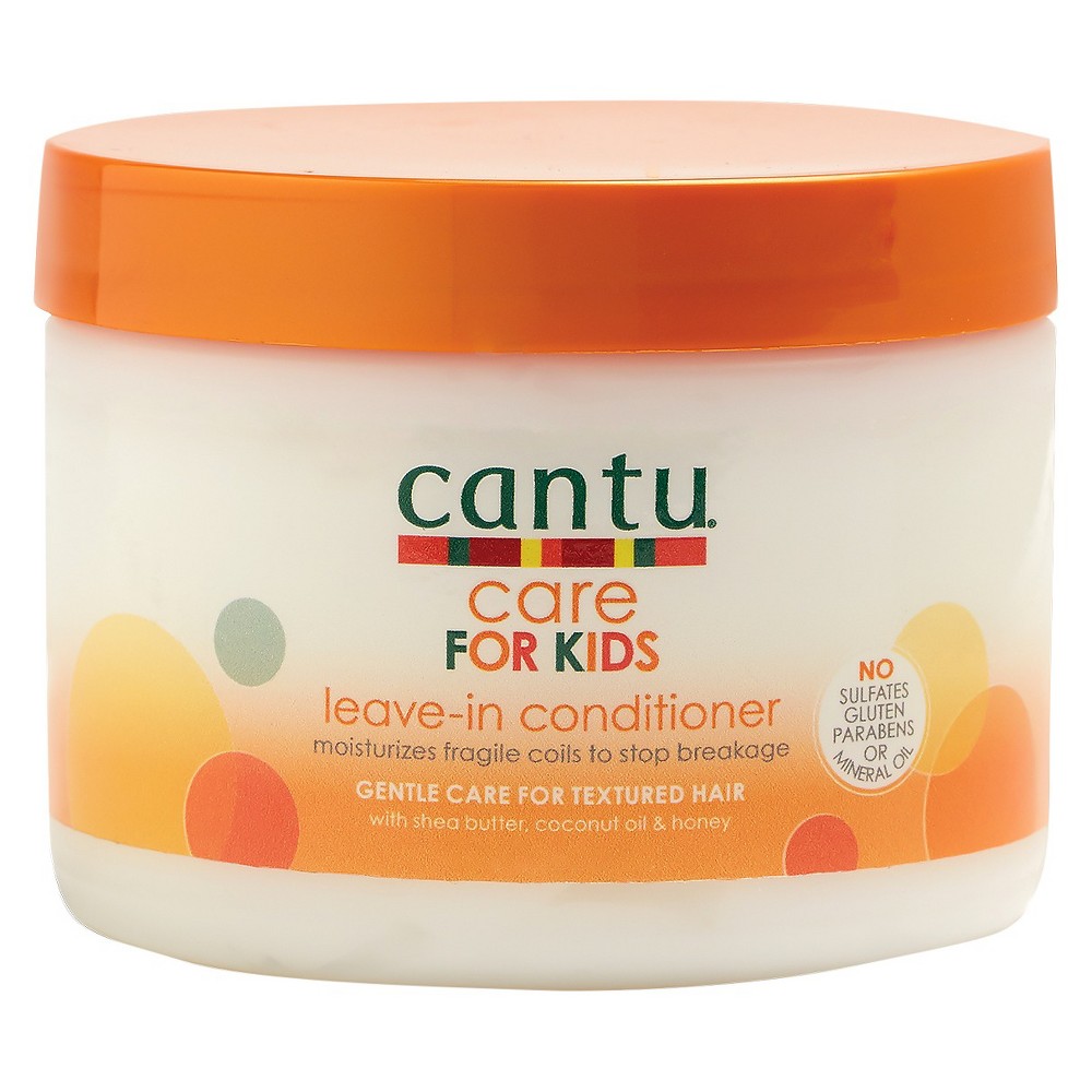 Cantu Kids Leave-in Conditioner in a white jar with an orange lid, featuring colorful graphics and text, designed for moisturizing textured hair, 283g (10oz), free from sulfates and parabens.
