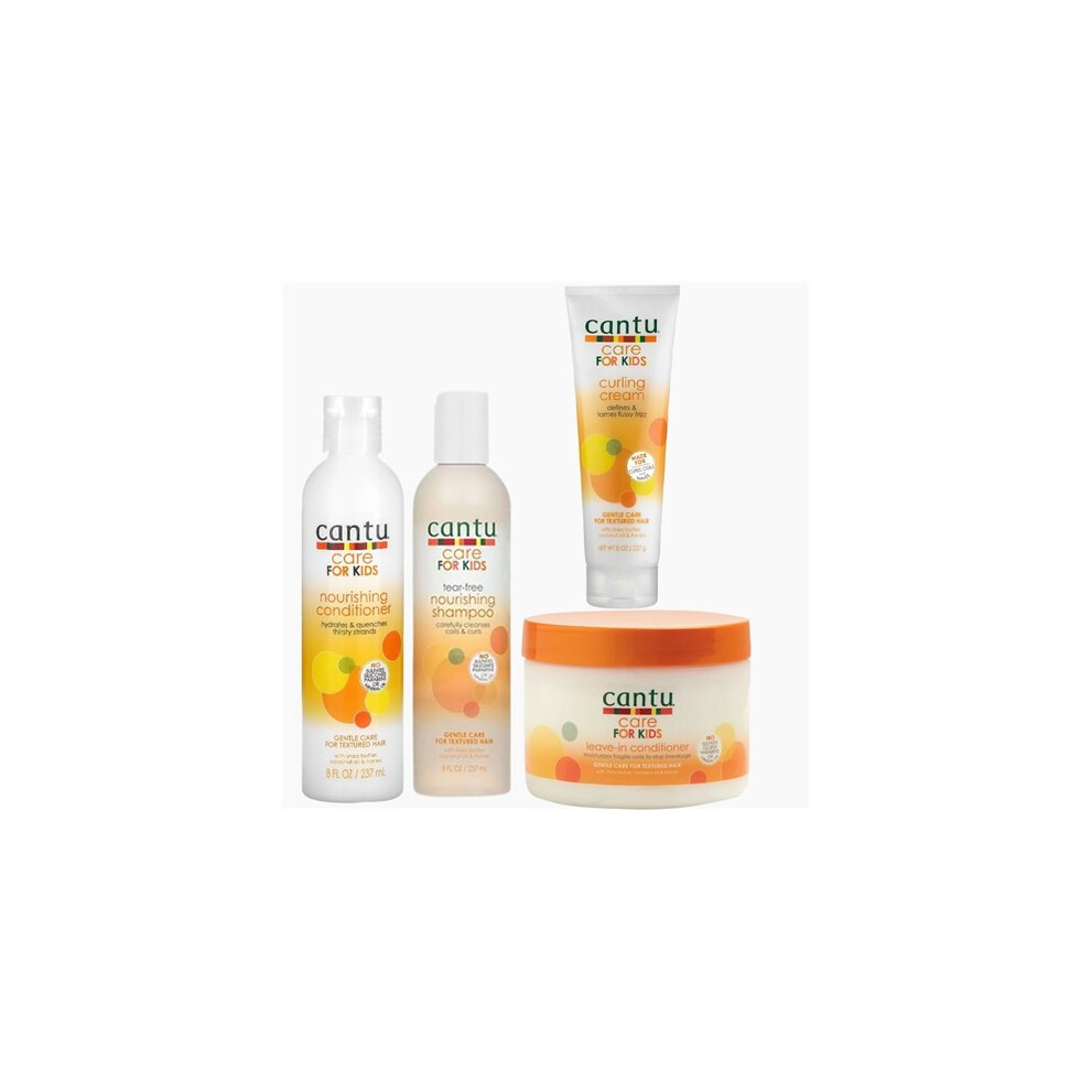 Cantu Care for Kids Wash Day Bundle featuring a nourishing shampoo, conditioner, curling cream, and moisturizing cream, all in bright orange and white packaging.