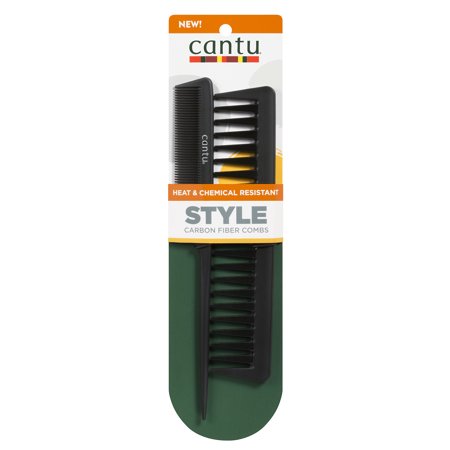 Two Cantu carbon fiber hair combs in black and green packaging, featuring heat and chemical resistance, with a fine-tooth and wide-tooth design for versatile styling.