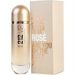 Gold and beige perfume bottle with a rounded top, featuring "212 VIP Rosé" in elegant lettering, accompanied by a matching beige box with gold text.