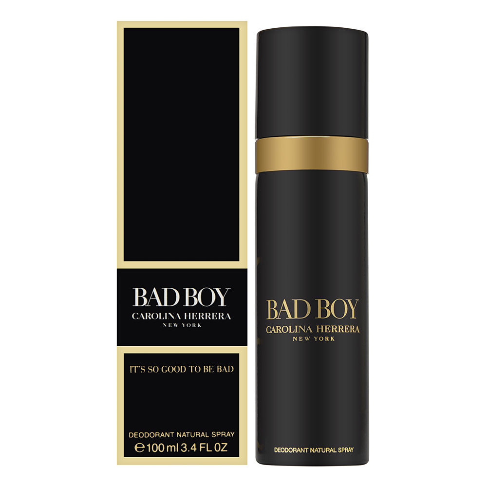 Black cylindrical deodorant spray with gold accents, featuring "BAD BOY" in bold letters, packaged in a matching black and gold box, labeled as 100ml.