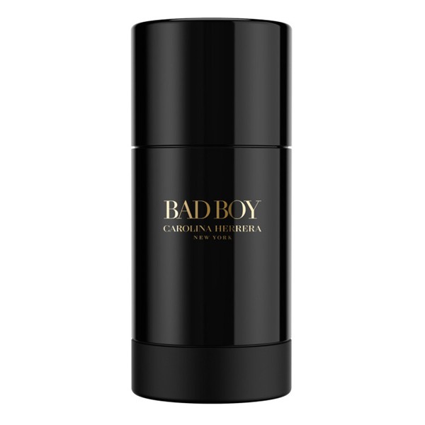 Black deodorant stick with a sleek design, featuring gold text that reads "BAD BOY" and "CAROLINA HERRERA NEW YORK," 2.3 oz size.