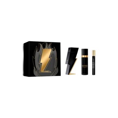 Black box with a gold lightning bolt design contains three products: a 3.4 oz Eau De Toilette spray, a 0.34 oz Eau De Toilette spray, and a 3.4 oz deodorant spray.