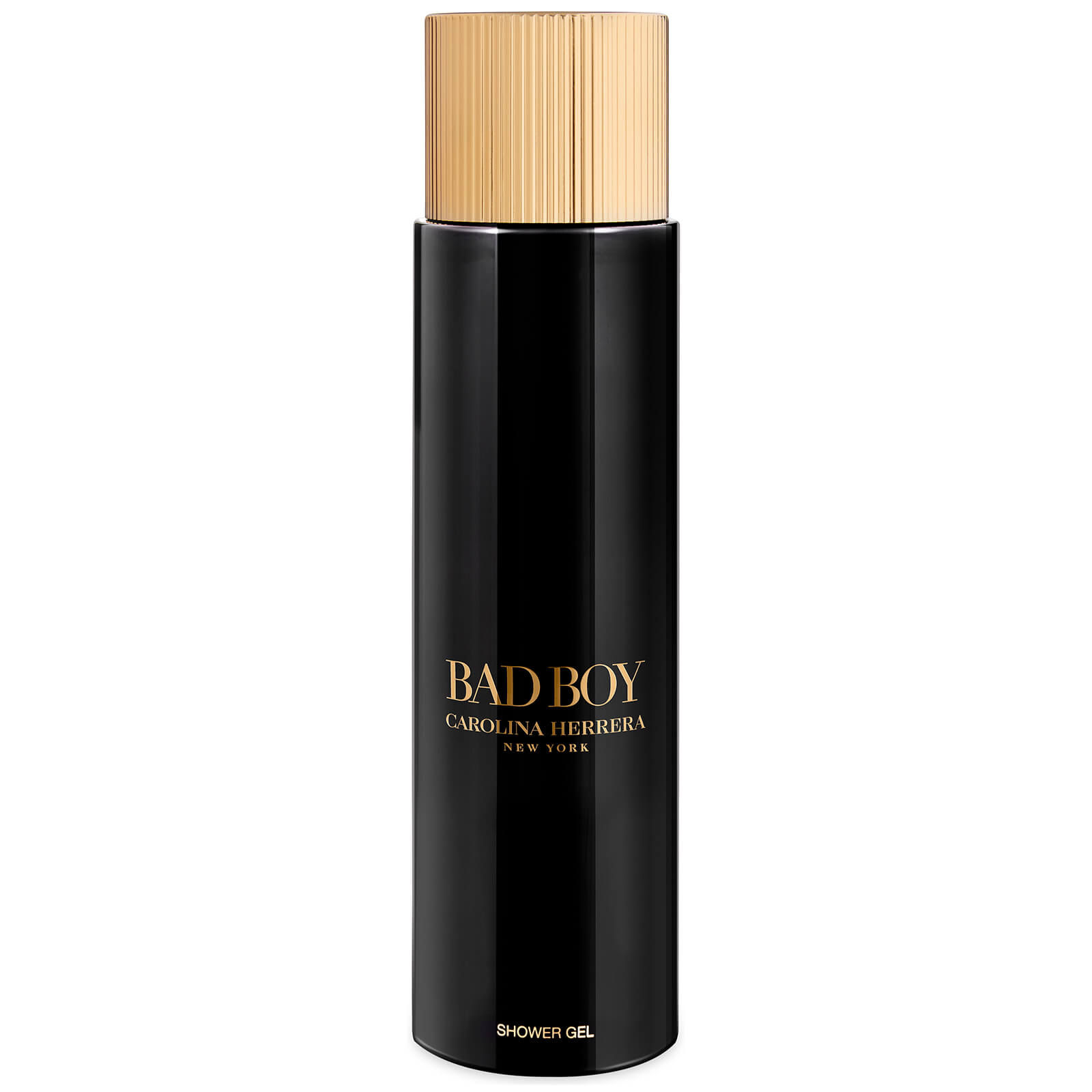 Black cylindrical shower gel bottle with a gold cap, featuring "BAD BOY" in bold gold letters and "CAROLINA HERRERA NEW YORK" printed below.