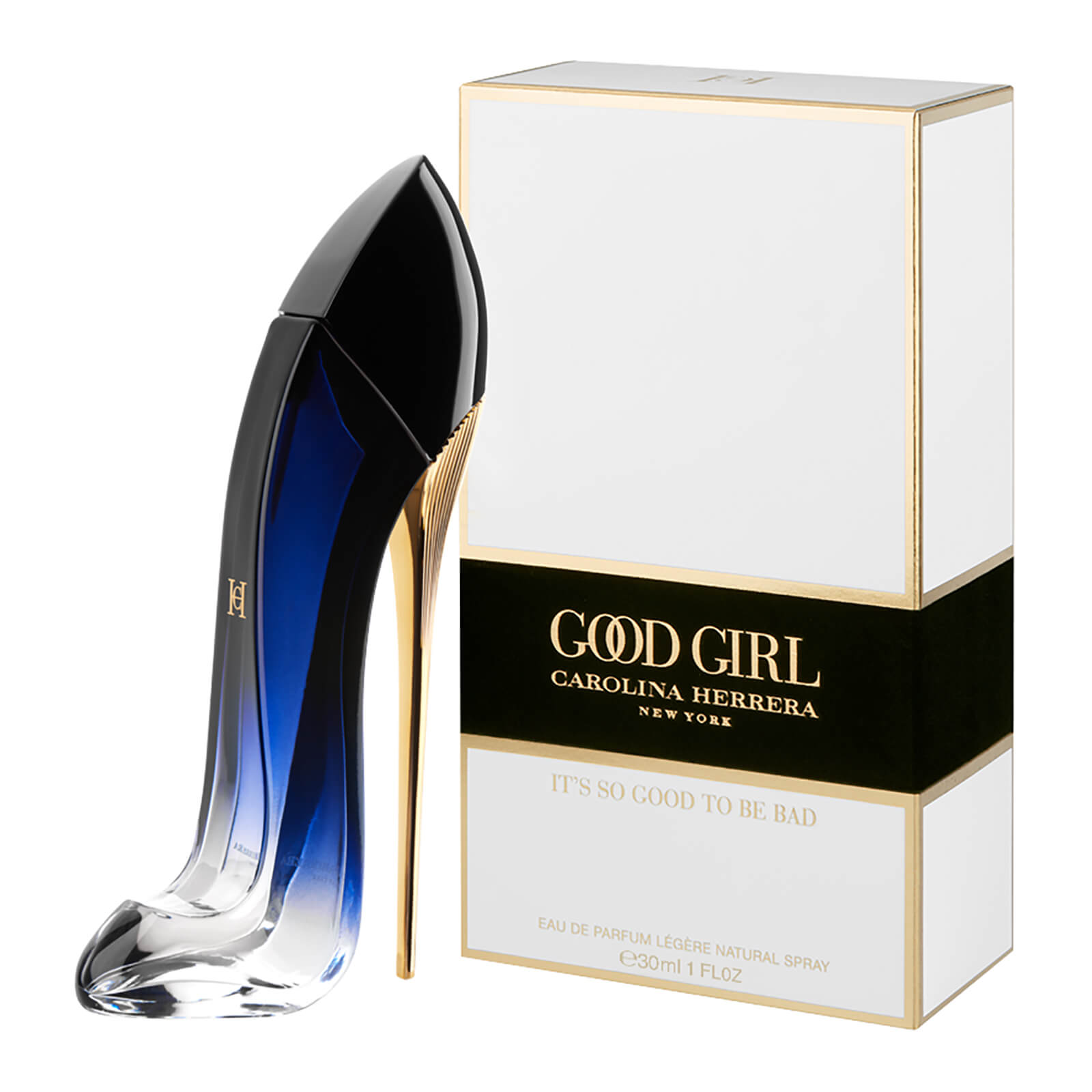 A sleek, high-heeled shoe-shaped perfume bottle in blue and clear glass, accompanied by a white box featuring gold text and a black top, labeled "Good Girl Carolina Herrera."