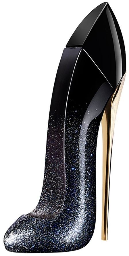 Black and glittering high-heeled shoe-shaped bottle with a pointed toe and gold stiletto heel, containing Carolina Herrera Good Girl Supreme EDP Spray 30ml.