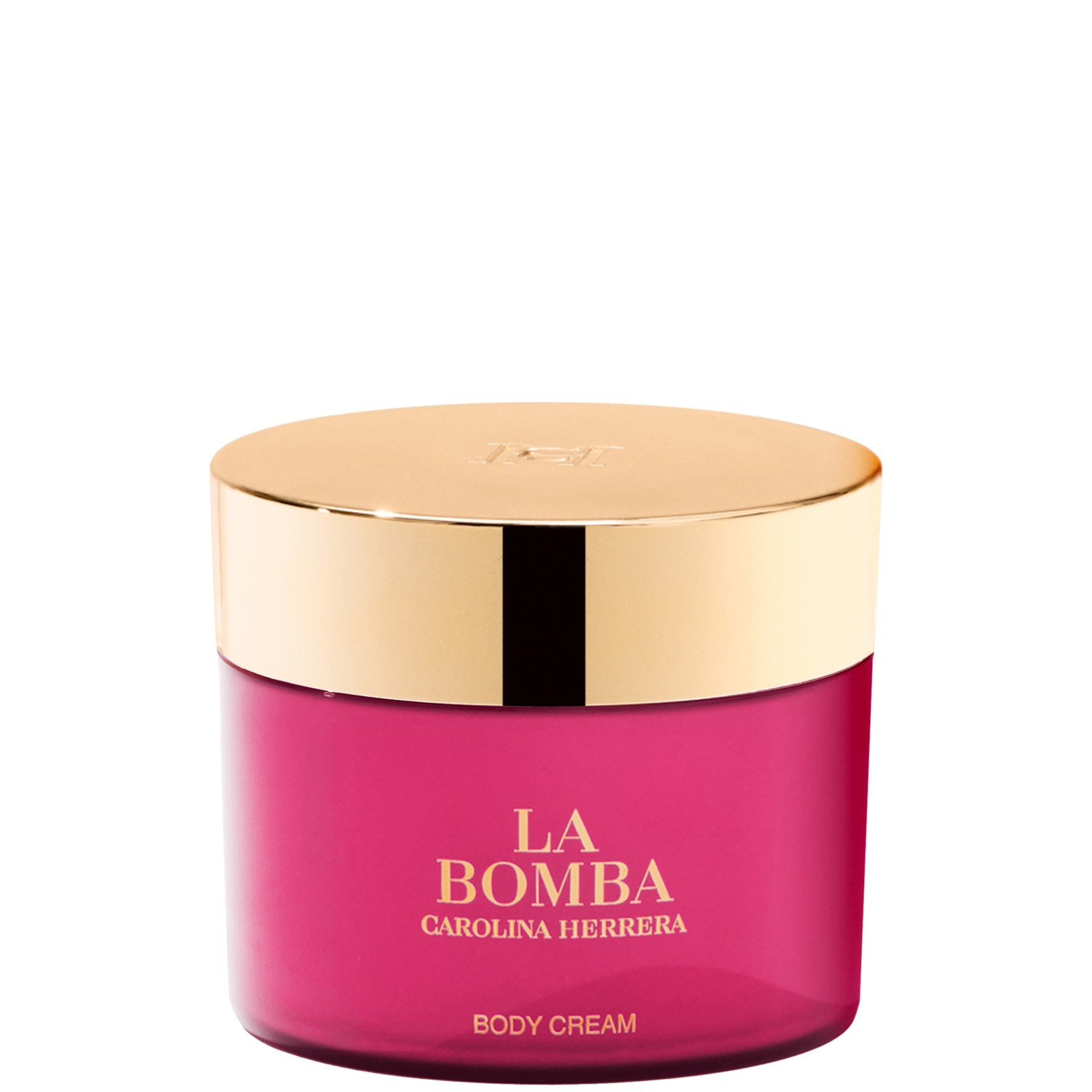Pink jar of CAROLINA HERRERA La Bomba Body Cream, featuring a gold lid and elegant branding, containing 200 ml of luxurious cream for women.