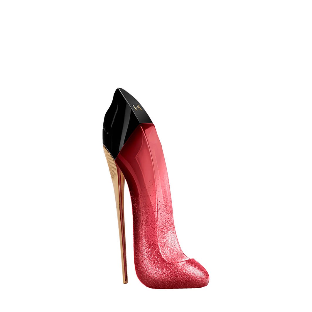 Red and pink glittery high-heeled shoe-shaped bottle with a black cap, featuring a gold stiletto heel, representing Carolina Herrera Very Good Girl Glam Parfum 80ml.