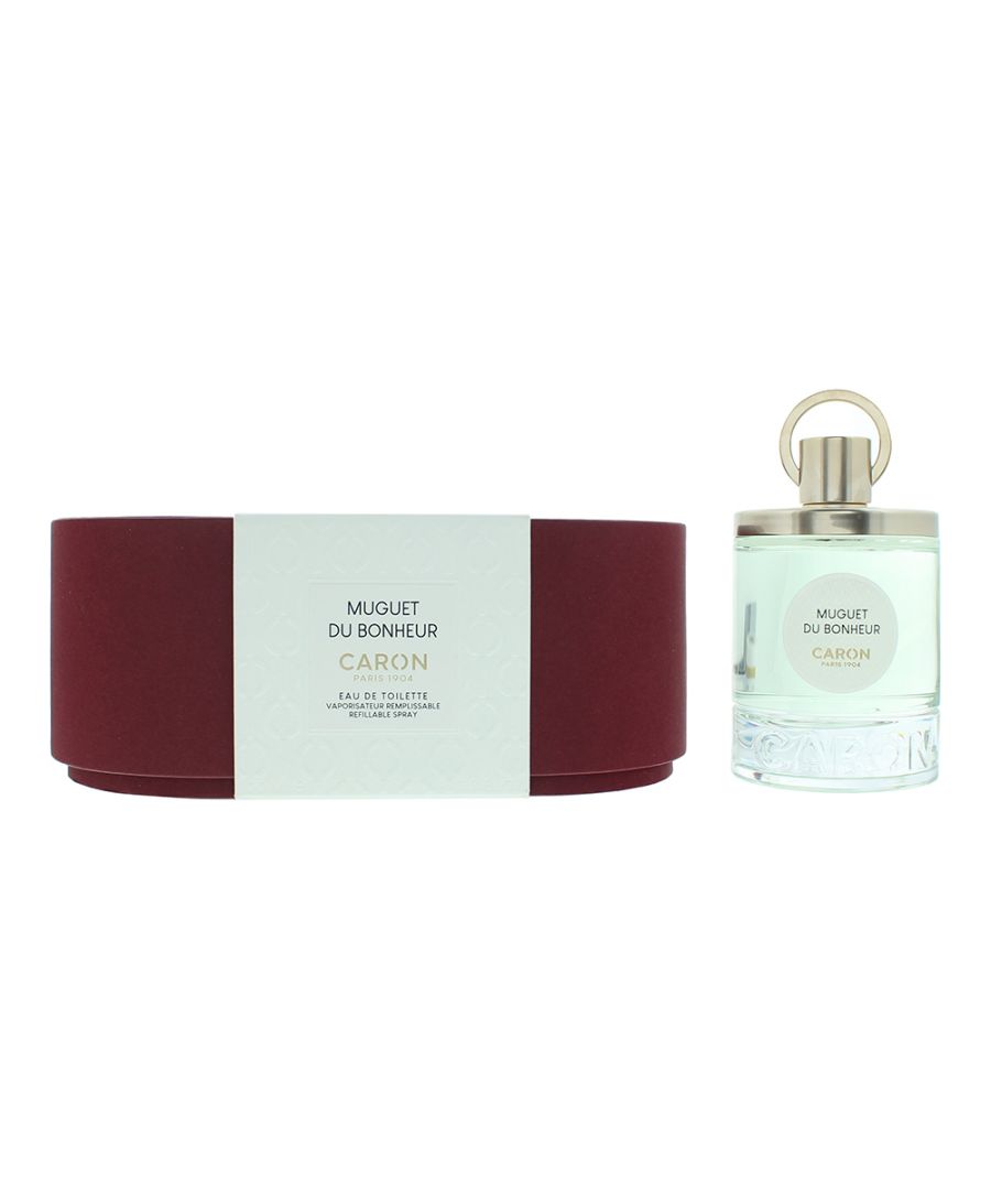 Clear glass bottle with a gold cap, featuring a round design and embossed detailing, alongside a deep burgundy box with a white label, labeled "Muguet Du Bonheur" by Caron.