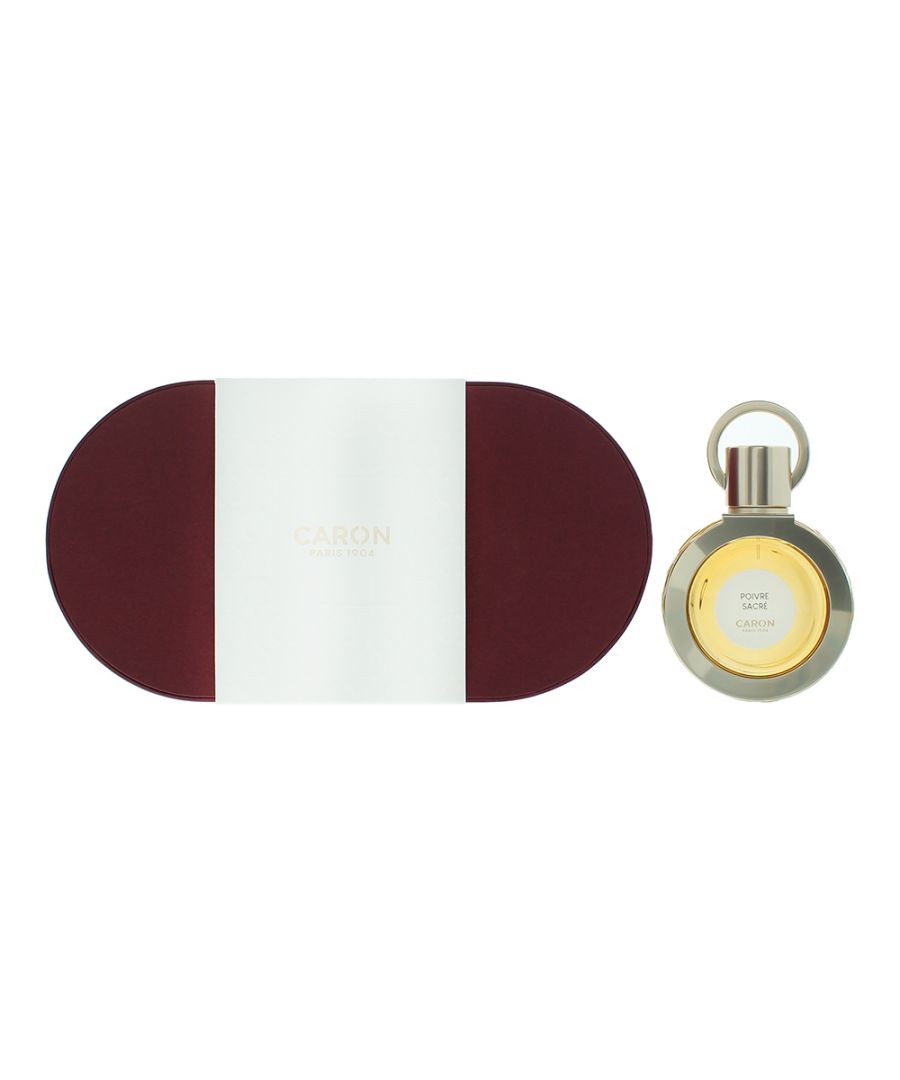 Caron Unisex Poivre Sacré Eau De Parfum 30ml in a round glass bottle with a silver cap, accompanied by a maroon and white box featuring the brand name "Caron."