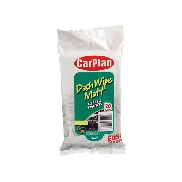 CarPlan Dash Plastic & Trim Wipes package features a transparent plastic wrapper with a green label, displaying "Dash Wipe Mat" and "20" count, emphasizing cleaning and protection for car interiors.