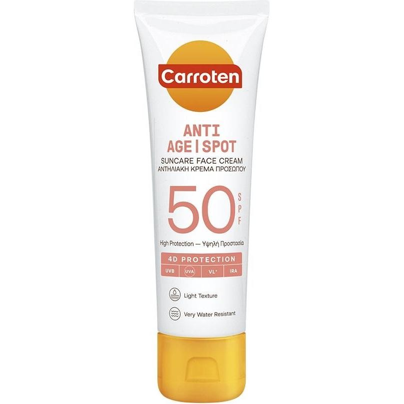 Carroten Face Antispot Cream SPF 50 in a white tube with an orange cap, featuring bold red and orange text, highlighting high protection and water resistance.