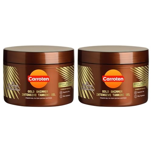 Two brown jars of Carroten Gold Shimmer Intensive Tanning Gel SPF0, featuring a shimmering finish and striped design, packaged together as a set.