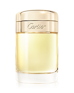 Clear glass bottle with a gold cap, featuring an elegant design; contains 50ml of Cartier Baiser Volé Parfum, a floral fragrance.