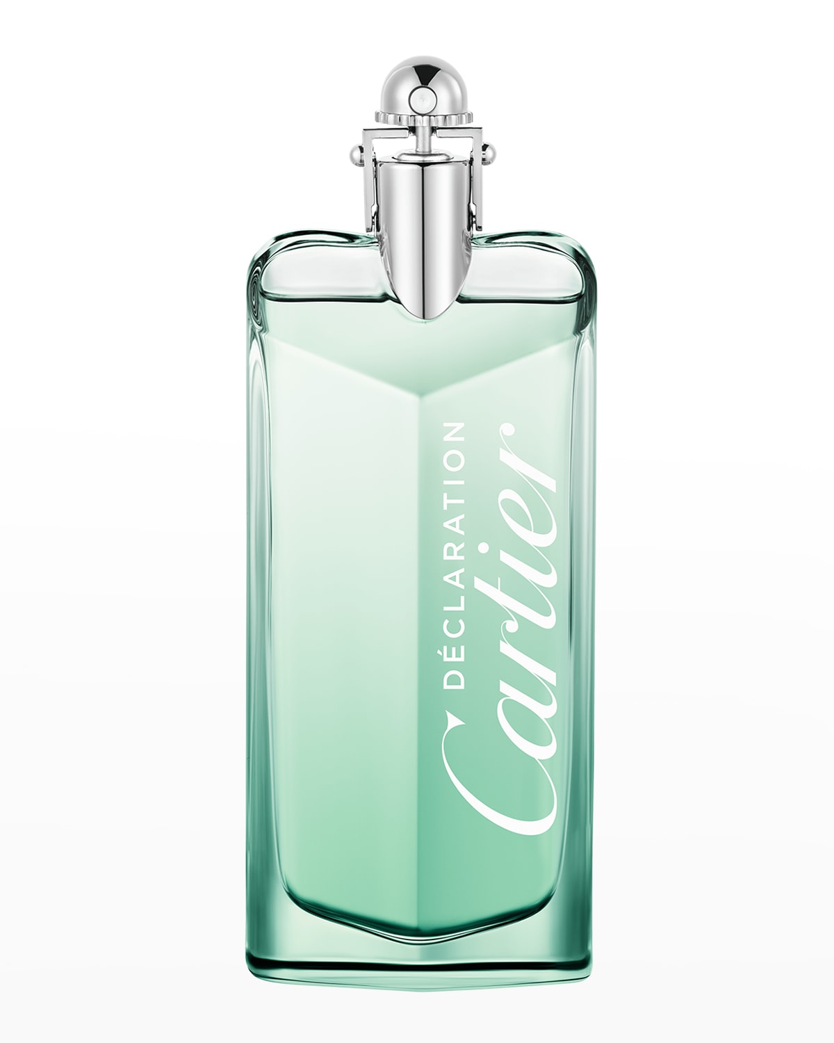 Clear glass bottle with a geometric shape, featuring a silver cap and a mint green liquid inside, labeled "Déclaration Cartier" in bold white letters.