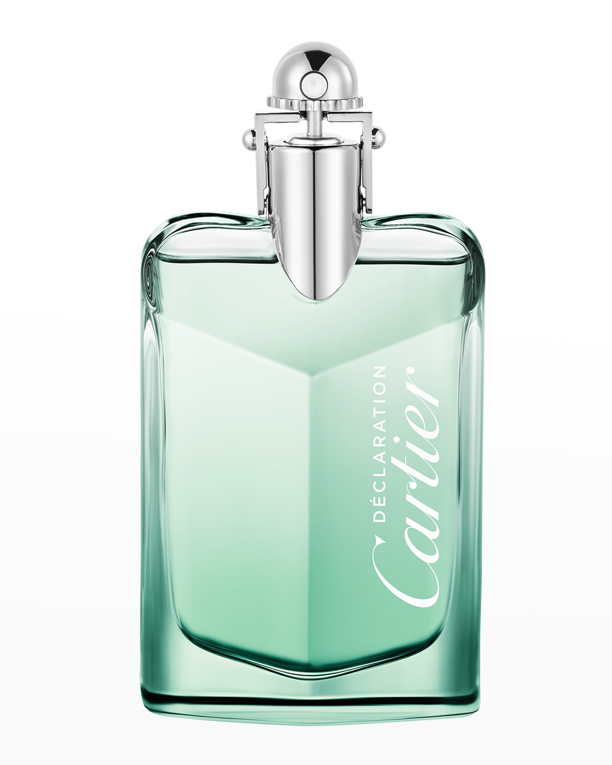 Clear glass bottle with a geometric shape, featuring a mint green tint, silver cap, and embossed "Cartier" logo, containing 50ml of Eau De Toilette.