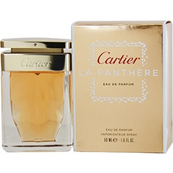 Clear glass perfume bottle with a gold cap, featuring a floral design, next to a gold and cream box labeled "Cartier La Panthère Eau De Parfum" in elegant script.