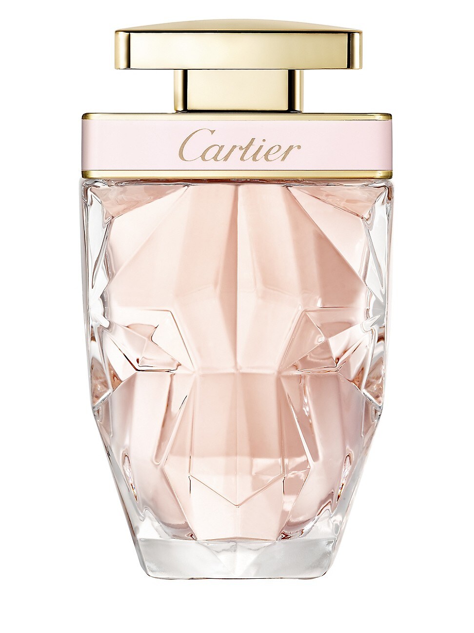 Clear glass bottle with a geometric design, featuring a pink and gold cap, containing pale pink fragrance, labeled "Cartier" on the front.