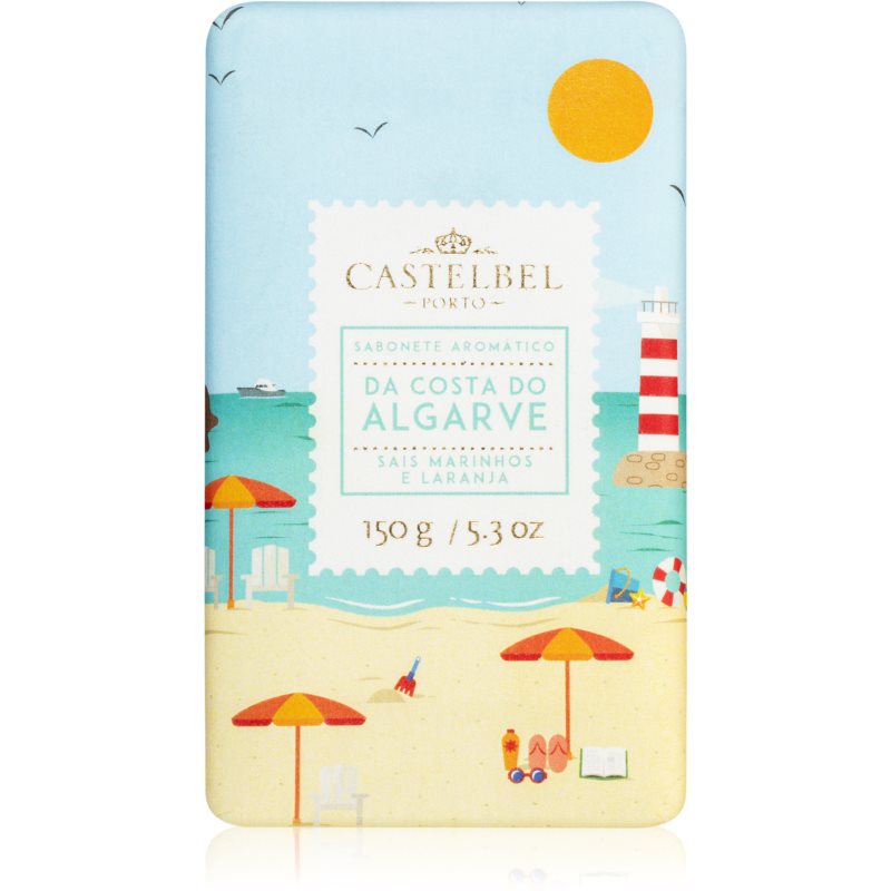 Light blue bar soap packaging featuring a beach scene with umbrellas, a lighthouse, and the text "Castelbel Da Costa Do Algarve" in a decorative label, weighing 150g.