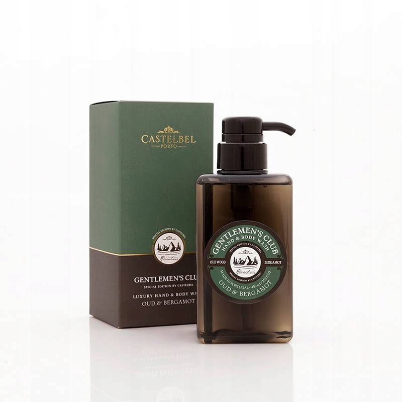 Dark amber bottle with a pump dispenser, featuring a green label and gold accents, alongside a matching green and gold box, both branded with "Castelbel" and "Gentlemen's Club Oud."
