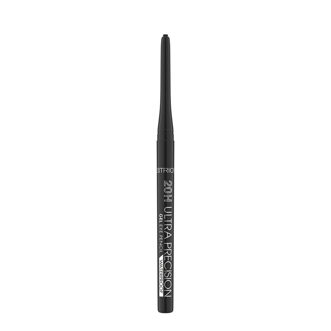 Black gel eye pencil with a fine tip, labeled "20H Ultra Precision" and "Waterproof #090," featuring a sleek design ideal for precise application.