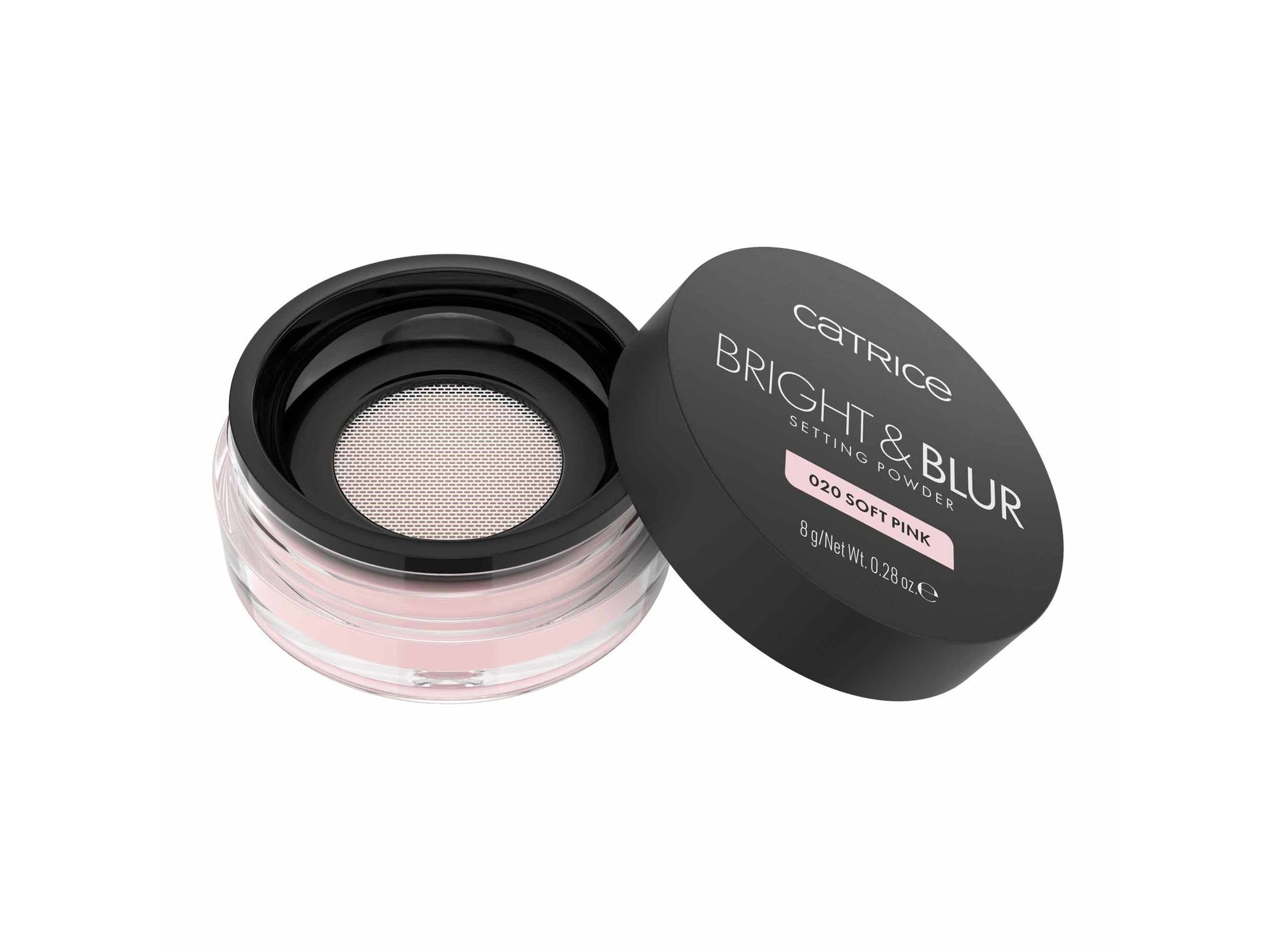 Catrice Bright & Blur Setting Powder in 020 Soft Pink, featuring a clear jar with a black lid, a mesh sifter, and a soft pink powder inside, labeled with product details.