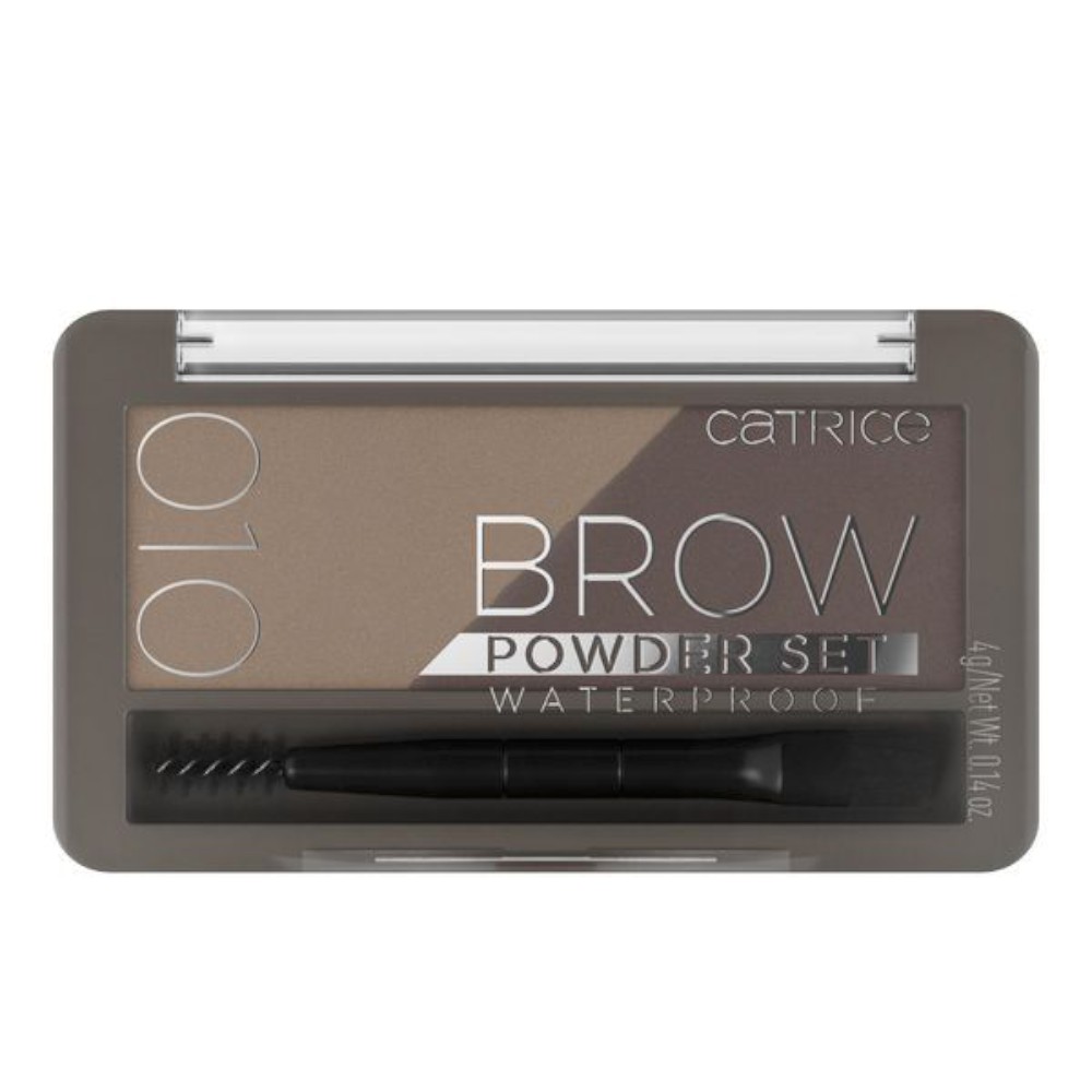 Catrice Brow Powder Set in waterproof 010-Brown, featuring two shades of brown powder and a dual-ended applicator with a spoolie brush, housed in a sleek, transparent compact.
