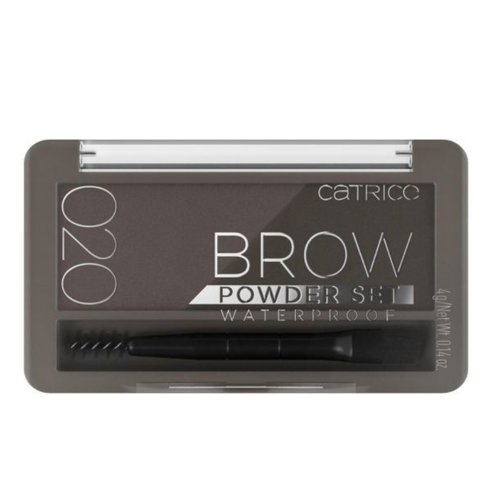 Catrice Brow Powder Set in shade 020-Brown, featuring a sleek gray compact with a clear lid, includes a brow brush for application, and is labeled as waterproof.
