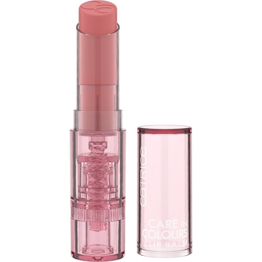 Moisturizing lipstick in a sleek, transparent tube, featuring a soft pink shade labeled "020 Feelin' Pretty," with a twist-up mechanism and a glossy finish.