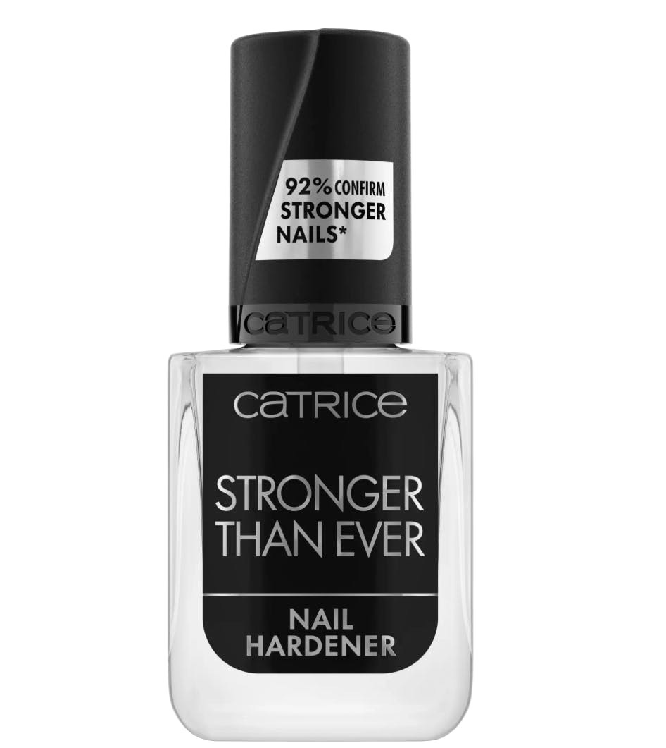 Catrice Stronger Than Ever Nail Hardener in a clear glass bottle with a black cap, featuring bold white text on the label and a 10 ml capacity.