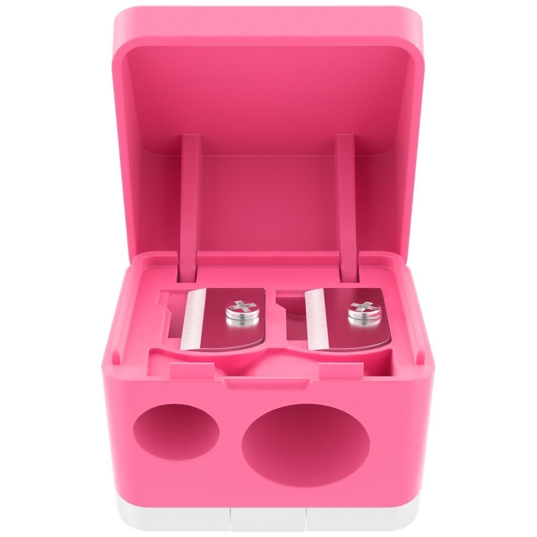 Bright pink double pencil sharpener with a sleek plastic body, featuring two sharpening holes and a removable lid for easy cleaning.