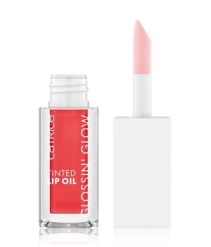 Catrice Glossin' Glow Tinted Lip Oil in shade 020, featuring a clear rectangular tube with a white cap and a soft applicator wand, showcasing a vibrant red tinted oil.