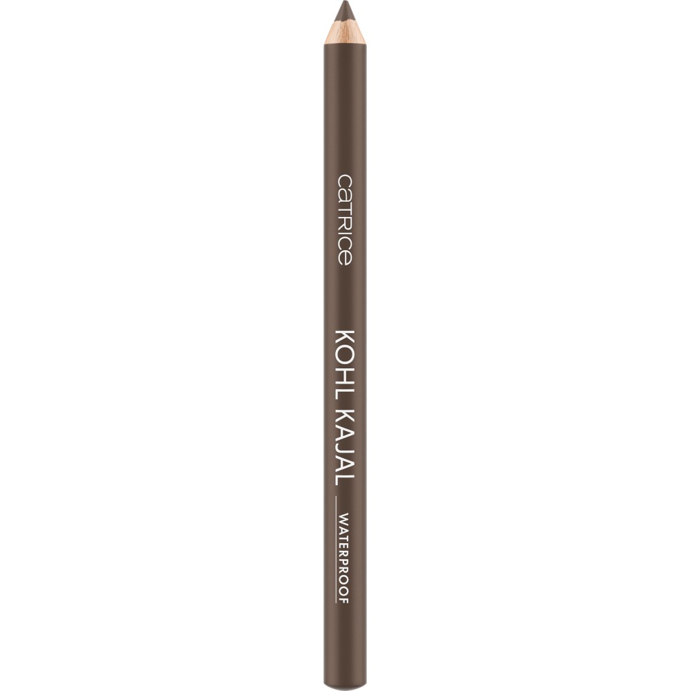 Brown waterproof pencil with a pointed tip, labeled "Catrice Kohl Kajal," featuring a sleek design and a glossy finish, ideal for precise eye makeup application.