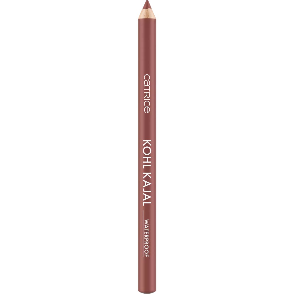 Burgundy kajal eyeliner pencil with a wooden finish, labeled "Catrice Kohl Kajal Waterproof," featuring a pointed tip for precise application.