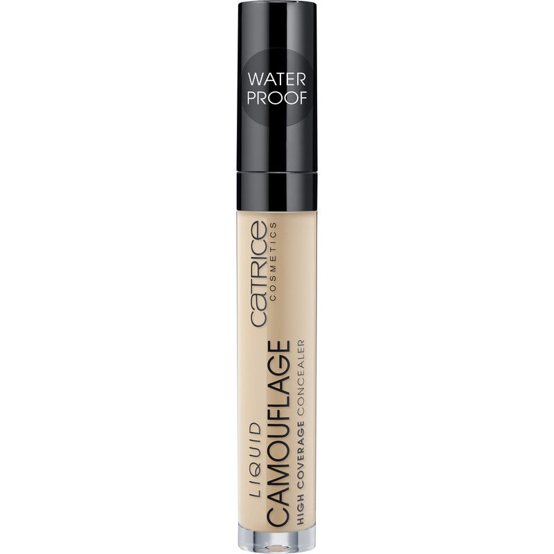 Catrice Liquid Camouflage High Coverage Concealer in Honey 15, featuring a sleek tube with a black cap, a light beige shade, and labeled as waterproof for long-lasting wear.