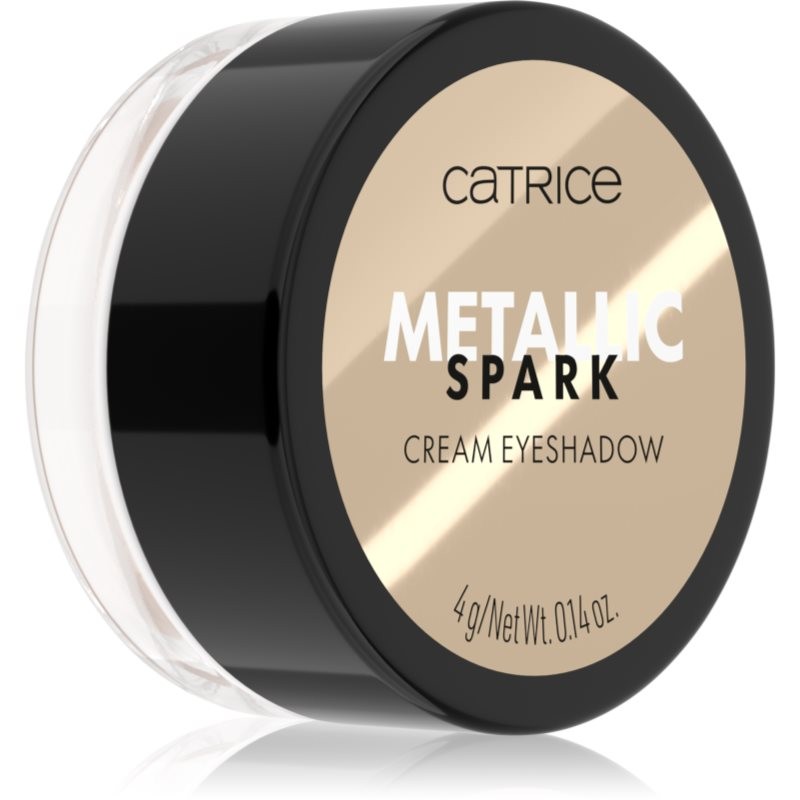 Catrice Metallic Spark Cream Eyeshadow in Champagne Chic features a sleek black container with a gold label, showcasing a shimmery champagne-colored cream eyeshadow.