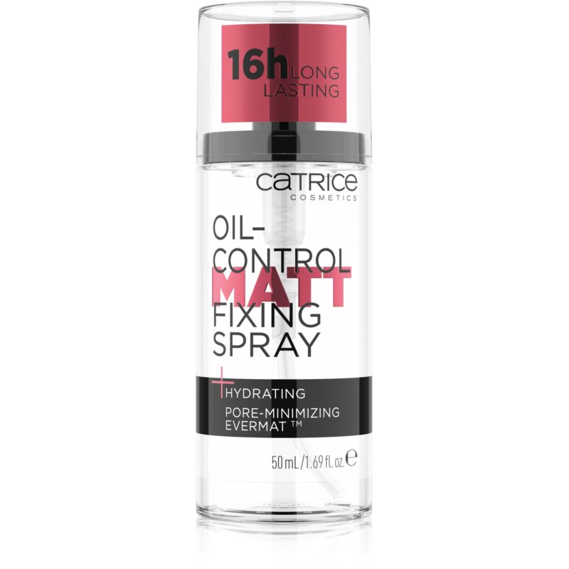 Catrice Oil-Control Matt Fixing Spray in a clear 50 ml bottle with a pink and black label, featuring a pump dispenser and claims of 16-hour long-lasting, hydrating, and pore-minimizing effects.