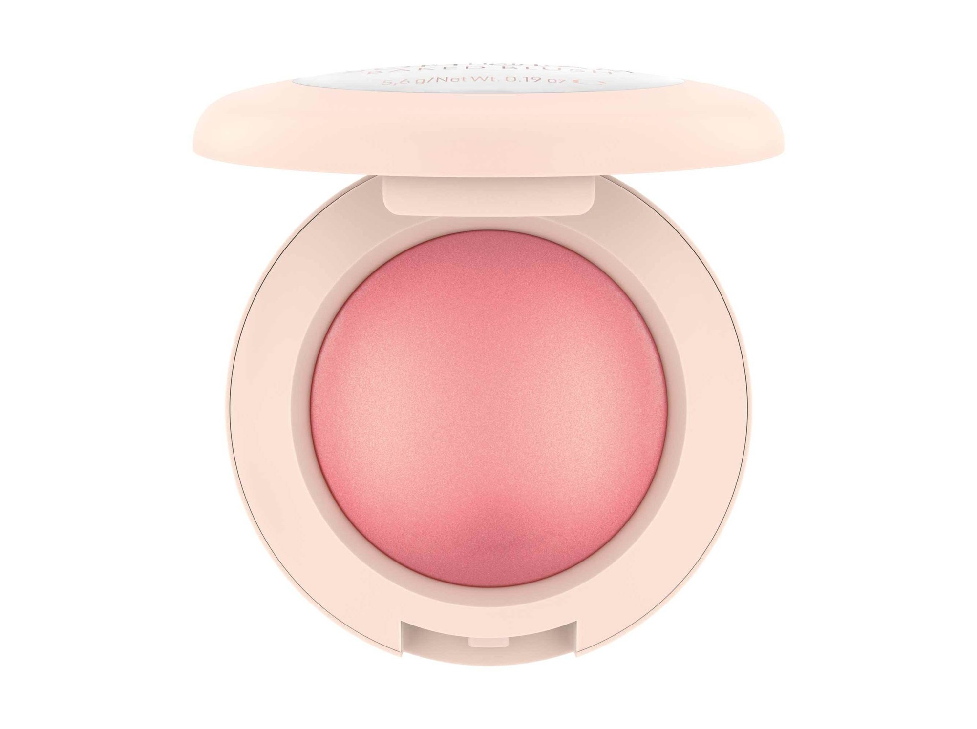 Soft pink baked blush in a round compact with a light peach lid, labeled "Catrice Soft Glam Baked Blush 040 Midnight Berry," featuring a smooth, shimmering texture.