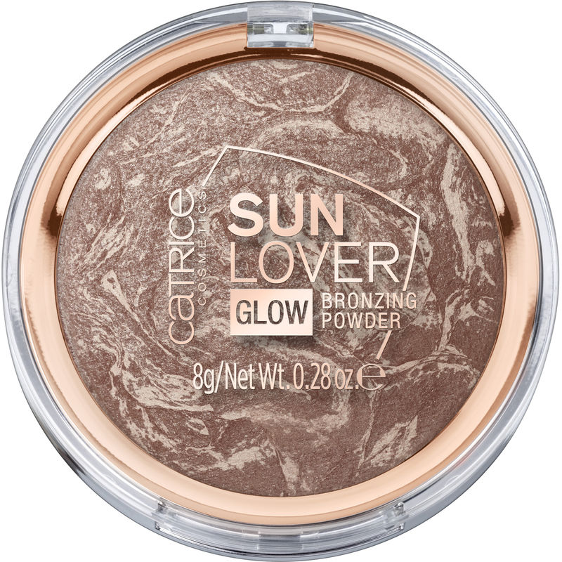 Catrice Sun Lover Glow Bronzer in shade 010 Sun-Kissed Bronze, featuring a marbled design in warm brown tones, housed in a clear compact with a rose gold lid.