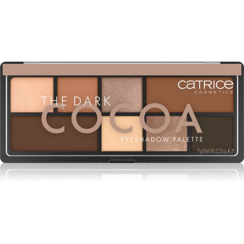Catrice Dark Cocoa Eyeshadow Palette featuring nine shades in warm browns and neutrals, housed in a sleek black case with a transparent lid and brand logo.