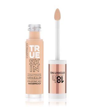 Catrice True Skin High Cover Concealer in 015-Warm Vanilla features a clear glass tube with a white applicator wand, showcasing a creamy beige concealer with a hydrating formula.