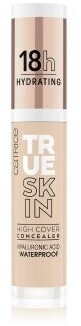 Catrice True Skin High Cover Concealer in 020-Warm Beige features a sleek tube with a white and gold design, highlighting its waterproof and hydrating formula for long-lasting coverage.