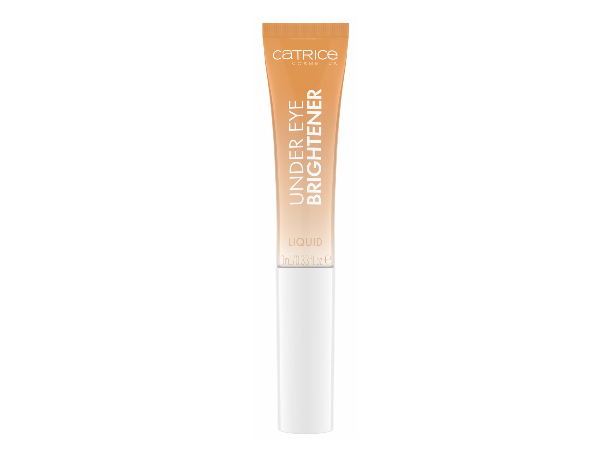 Liquid highlighter tube in warm nude shade, featuring a sleek white cap and a clear body displaying the product name "Under Eye Brightener" by Catrice, 10 ml size.