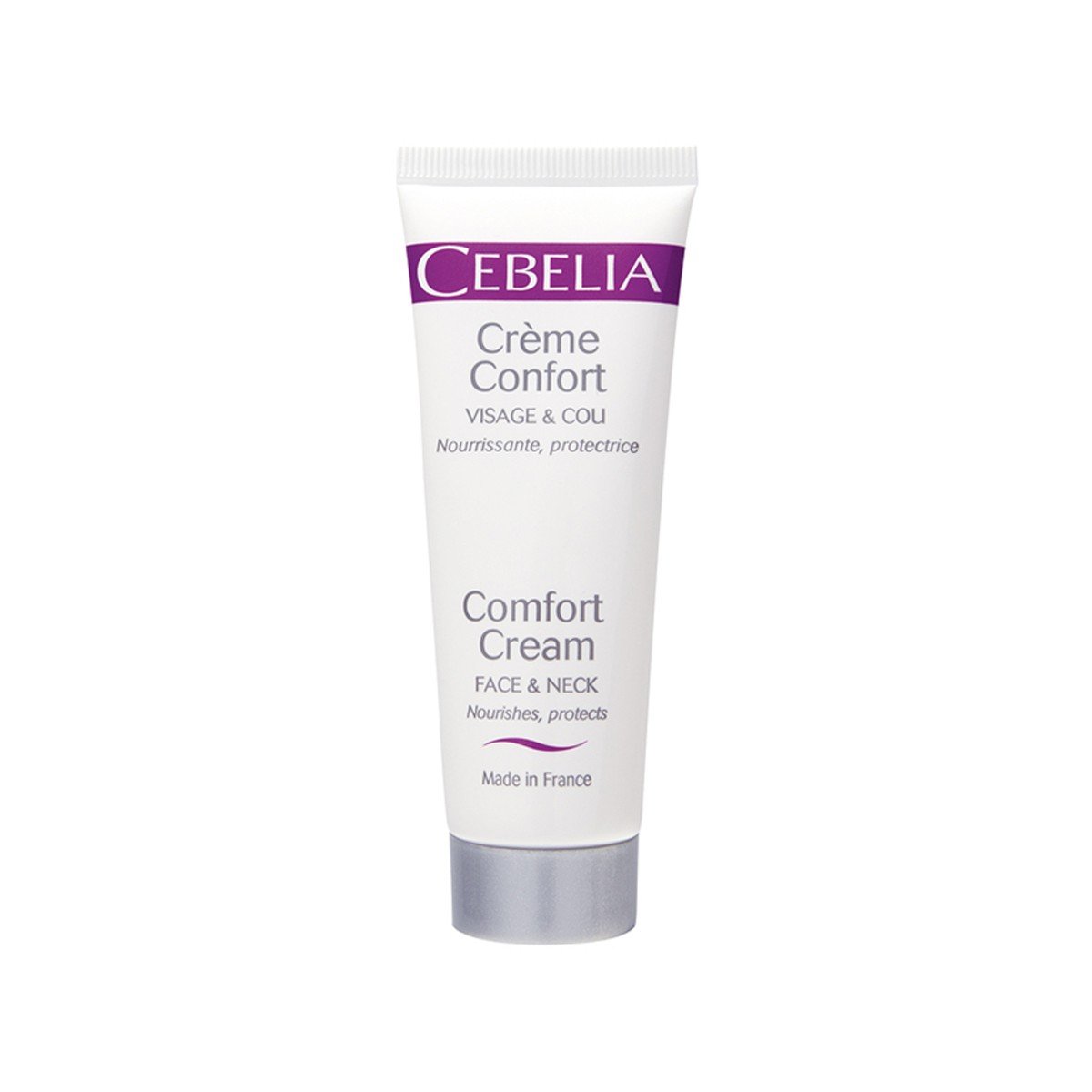 Cebelia Comfort Cream in a 40ml white tube with a purple label, featuring "Crème Confort" and "Face & Neck" text, designed for soothing and protecting facial skin.