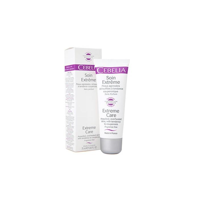 Cebelia Extreme Care moisturiser in a white tube with purple accents, packaged in a matching box, designed for sensitive skin, vegan-friendly, 75ml size.