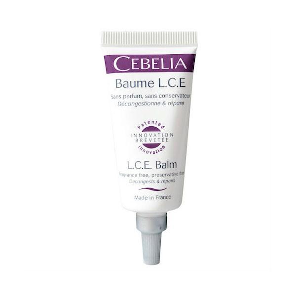 White tube with a purple cap, labeled "Cebelia L.C.E. Balm," 15ml, featuring text about its restorative properties and fragrance-free formula, designed for post-procedure skin care.