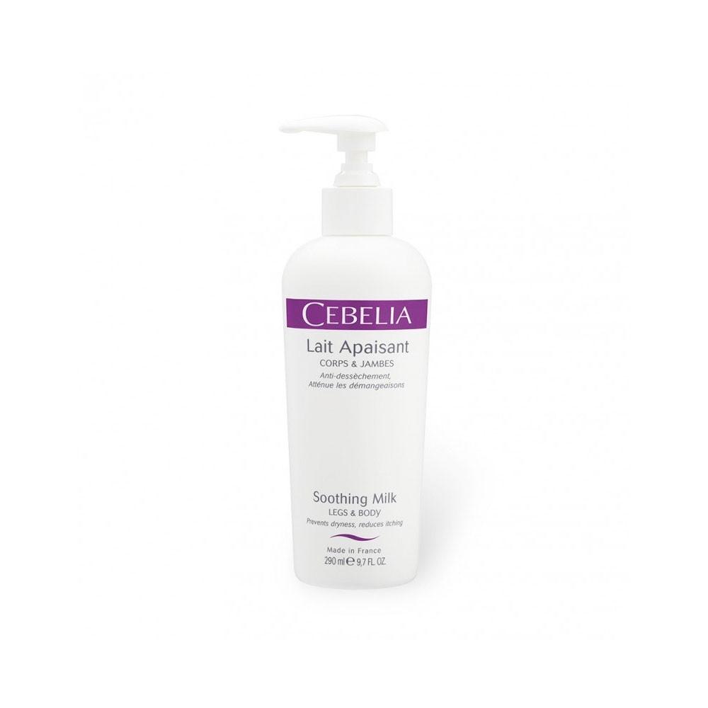 White bottle with a pump dispenser, labeled "Cebelia Soothing Milk Legs and Body Cream" in purple, featuring a 290ml capacity and highlighting nourishing sweet almond oil.