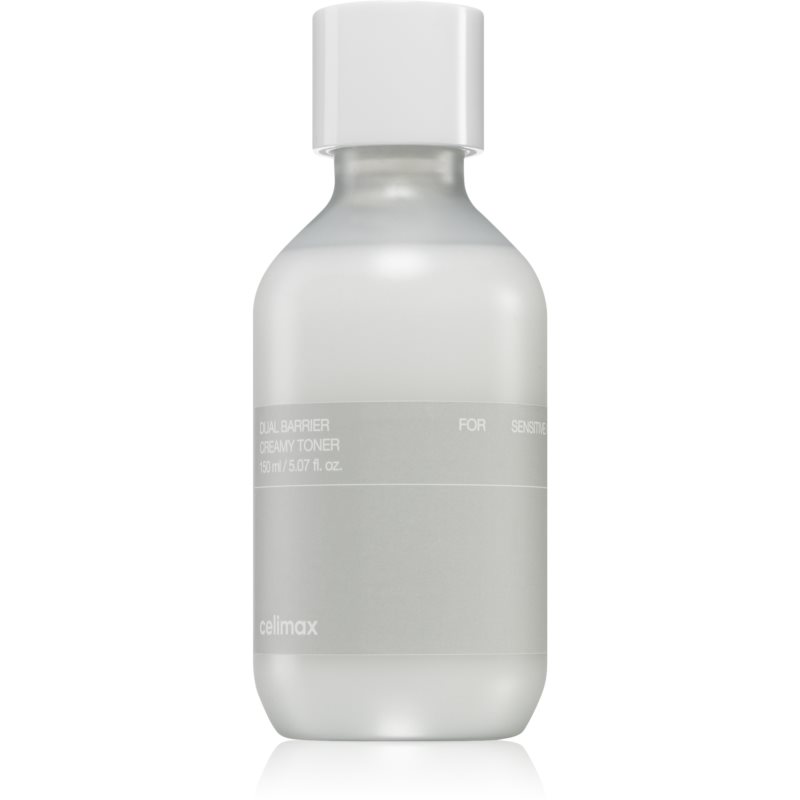 Clear bottle with a white cap, featuring a sleek design and a gray label that reads "Dual Barrier Creamy Toner" for sensitive skin, 150 ml.
